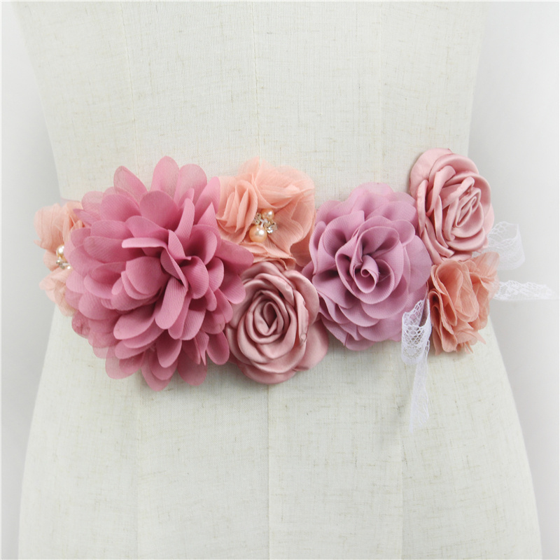 Chất Lượng Cao Màu Hồng Voan Hoa Thắt Lưng Handmade Đính Hạt Hoa Đồ Dây Áo Cưới Tất Dễ Thương Phụ Kiện Dành Cho Nữ