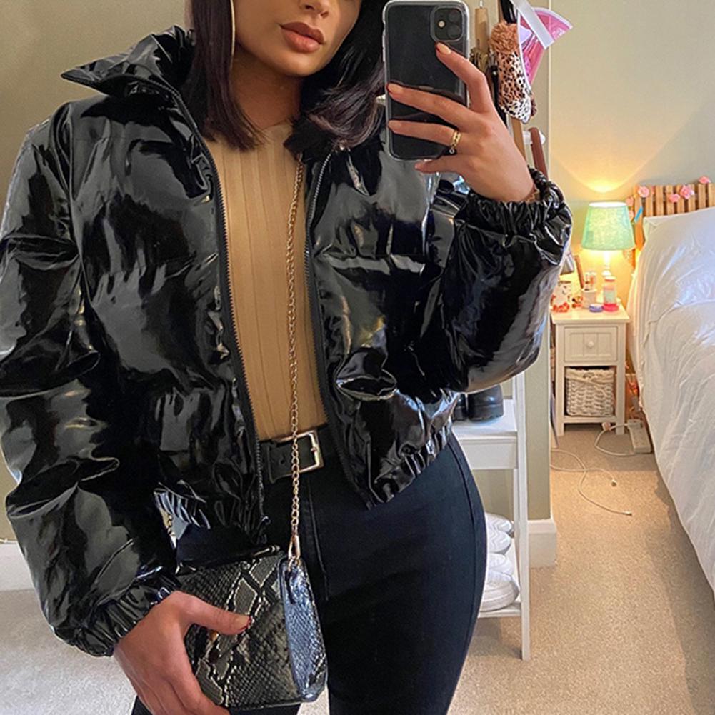 2021 mode Frauen Helle PU Schwarz Puffer Jacke Winter Warme Blase Mäntel Shiny Leder Parkas Unten Zipper Parkas Cropped Jacke