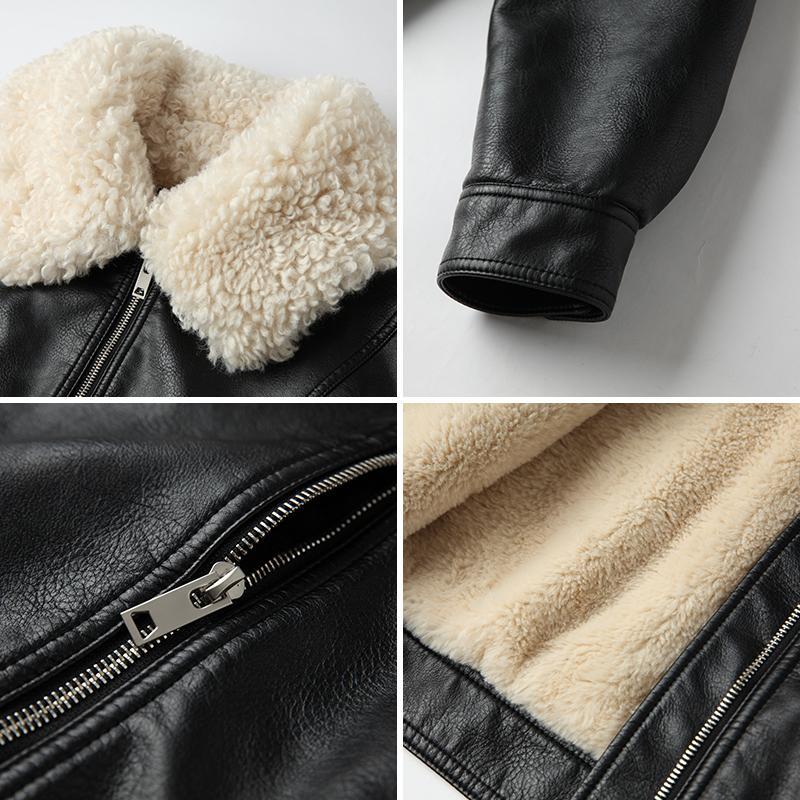 Neue Vintage Winter Leder Jacke Frauen Schwarz Biker Mantel Weibliche Windschutz 2021 Lamm Pelz Kragen Dicke Jacke