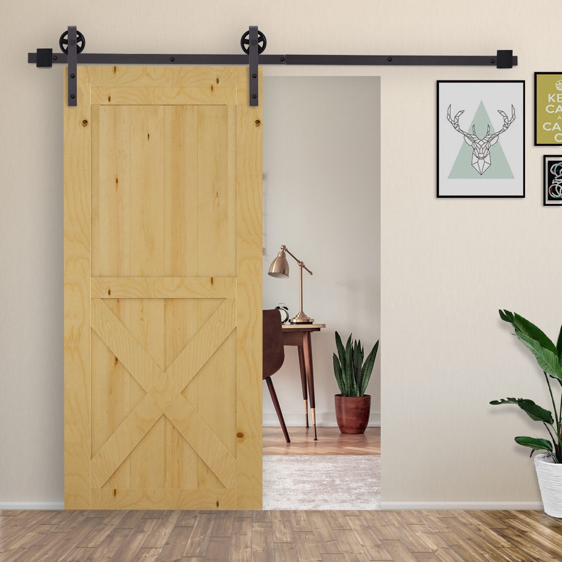 HOMCOM 6FT/183cm Herraje para Puerta Corredera Kit de Accesorios Corrediza de Madera con Guía de Suelo Riel de Acero al Carbono