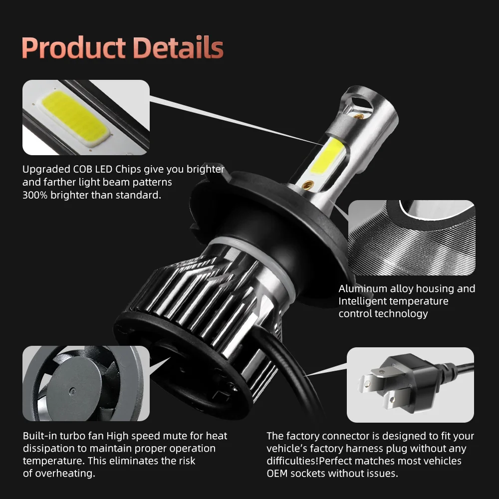 30000LM 200W H1 H7 H11 9005 9006 H4 9004 9007 H13 LEDไฟหน้าBright 6500Kสีขาวสําหรับรถยนต์Plug & Playพัดลมเงียบ,แพ็ค 2