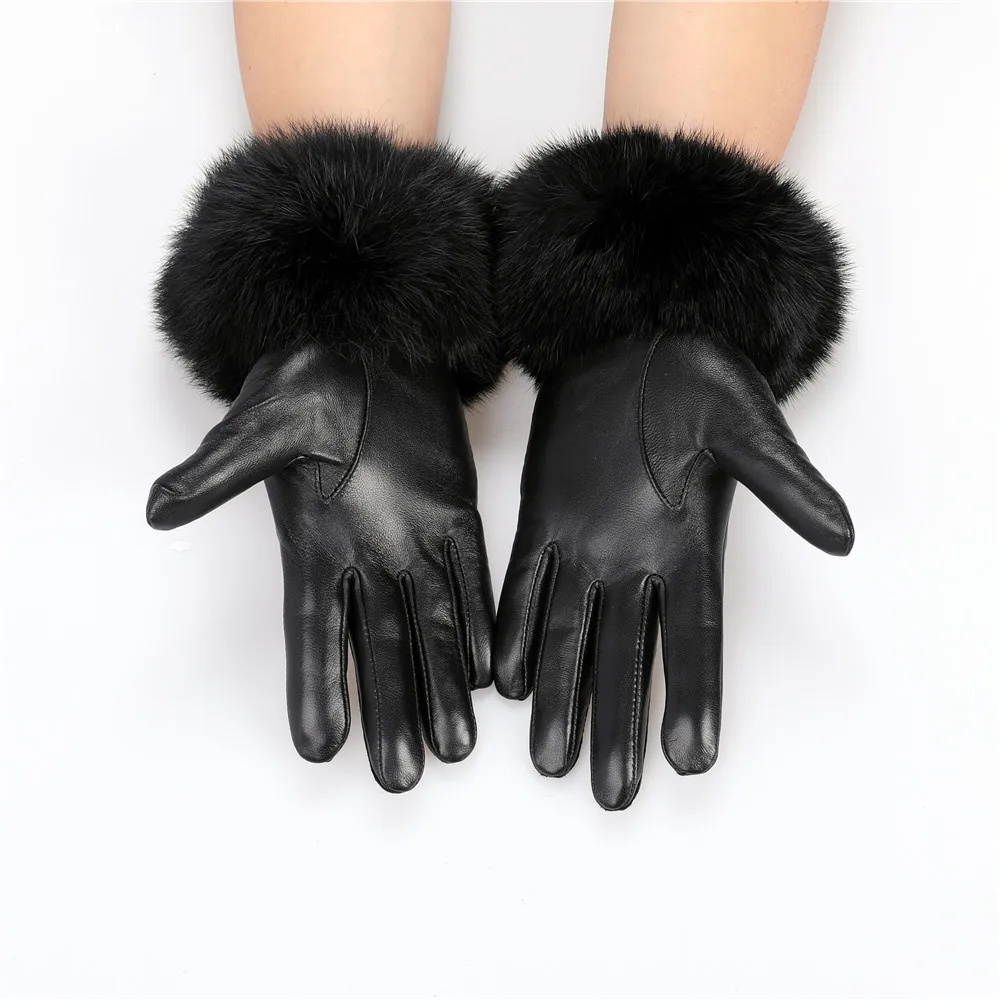 ใหม่มาถึงขายส่งผู้หญิงหนังSheepskinจริงถุงมือกระต่ายขนสัตว์Cuffsหญิงขี่จักรยานถุงมืออุ่นขนแกะซับ