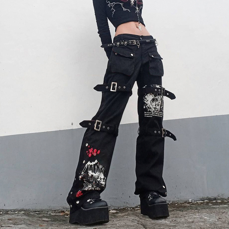 E-girl gótico preto calças de carga capri mulheres cintura baixa jeans calças compridas y2k grunge vintage hip hop punk harajuku streetwear
