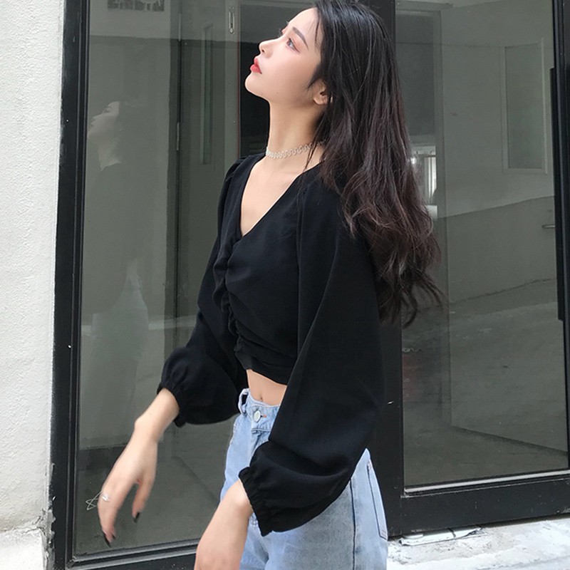 Autumn Women's Solid Color Blouses V-Neck Casual Long Sleeve Office Lady Loose White Black Shirt Tops