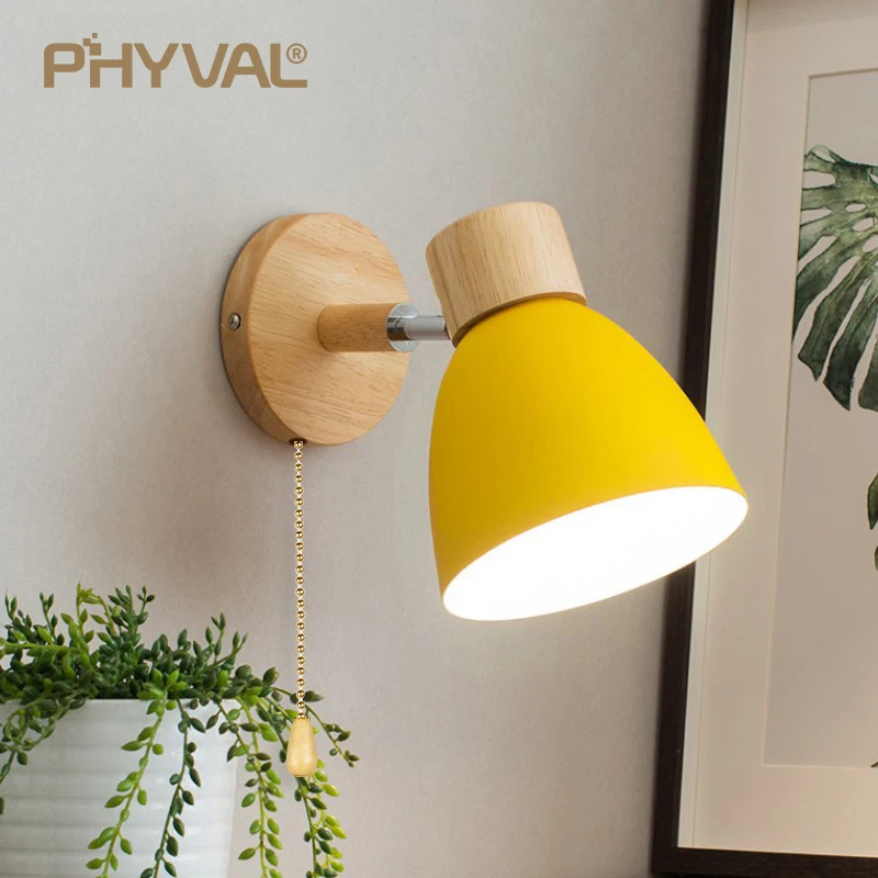 Lámpara de pared nórdica de madera con interruptor, aplique de pared moderno para dormitorio, sala de estar, iluminación del hogar, macarrón, cabezal de dirección de 6 colores E27