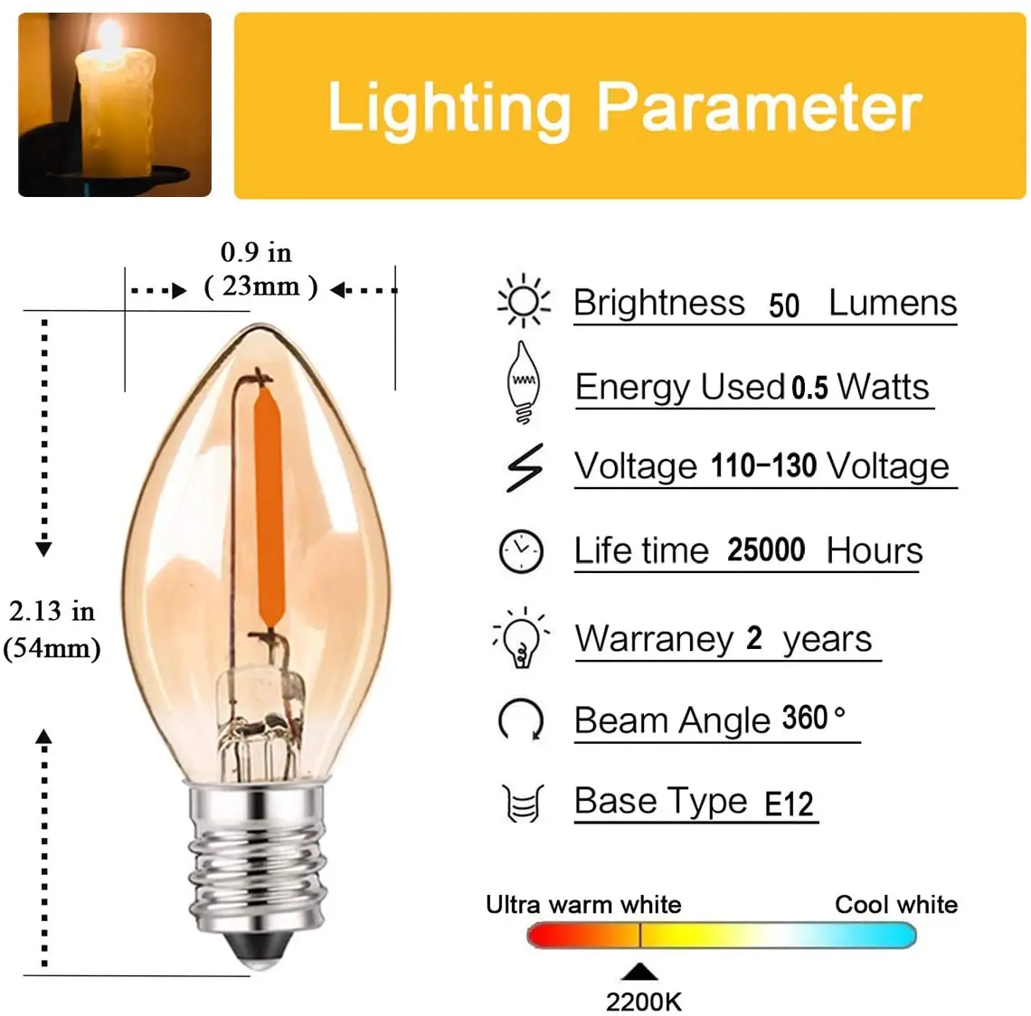 Lampadine notturne a LED C7 Lampadario E12 E14 Base Lampadine decorative 0,5 Watt Party Piccola candela mini lampadina 2200K Vetro ambrato