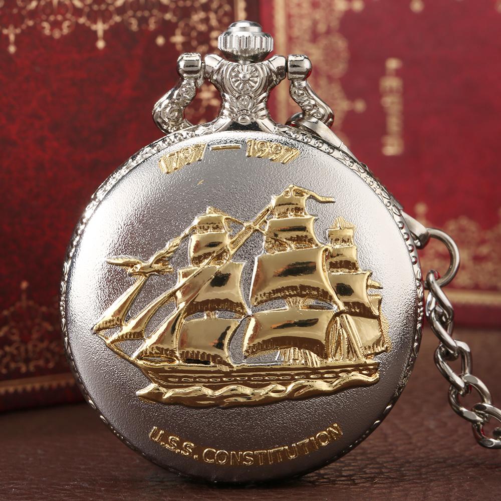 Silberne goldene Militärserie US Navy USS Constitution Sail Fregate Quarz-Taschenuhr FOB-Kettenuhr Old Ironsides 1797-1997