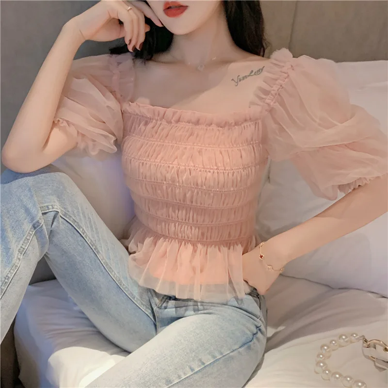 ฤดูร้อนตาข่ายผู้หญิงพัฟแขนผ้าพันคอสุภาพสตรีElegantเสื้อสแควร์คอRuffle Ruchedชีฟองสีชมพู