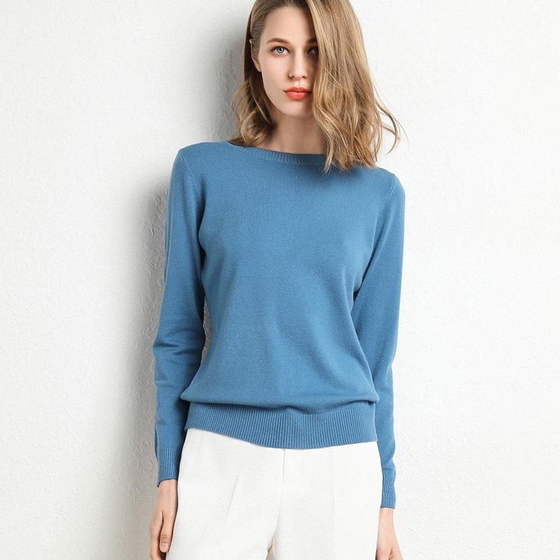 Suéter de lana merina para mujer, jersey con cuello redondo, prendas de punto de manga larga para primavera y otoño, Tops ajustados de Color sólido a la moda