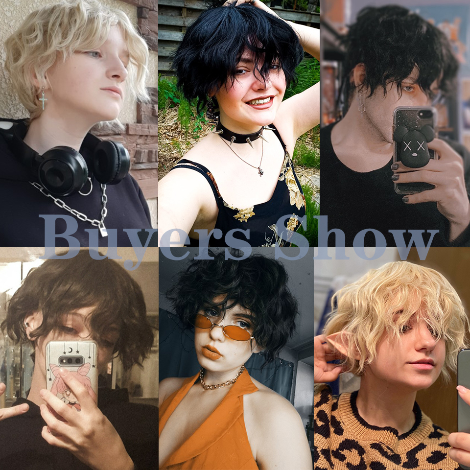 SHANGKE สังเคราะห์ผมหยิกสั้นวิกผมสําหรับชายเครื่องแต่งกายคอสเพลย์ปาร์ตี้สีดําทนความร้อนผมปลอม