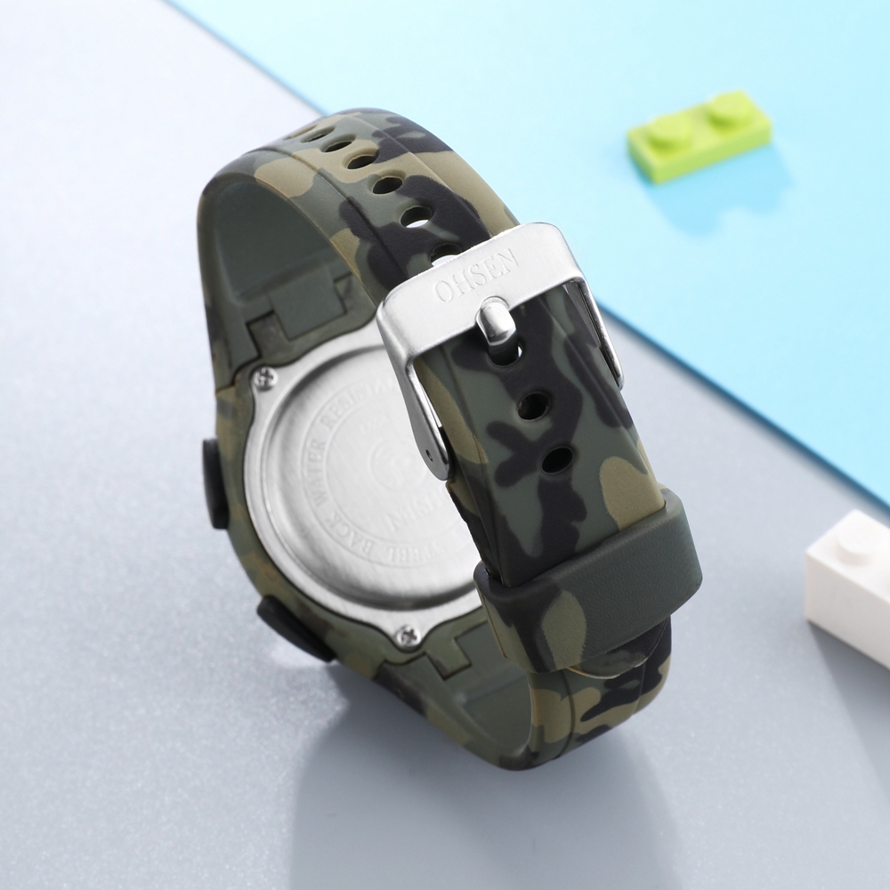 Relojes digitales OHSEN para niños, reloj de pulsera LED resistente al agua para deportes al aire libre, color verde militar, cronómetro con alarma, reloj electrónico para niños