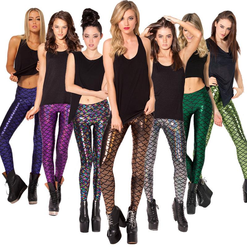 NADANBAO Mermaid Fish Scale Legginsy damskie Seksowne jasne skórzane spodnie Spodnie treningowe z wysokim stanem Wielokolorowy dół fitness