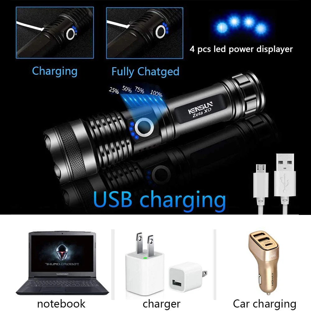 KENSUN-linterna Led recargable XHP70 de alta potencia, linterna de mano con Zoom Usb de 4 núcleos para acampar, uso en exteriores y de emergencia ﻿