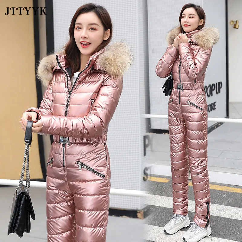 Traje de esquí de una pieza para mujer, chaquetas de invierno, Parka con capucha, mono de algodón para mujer, monos con fajas, monos con cremallera, chándales