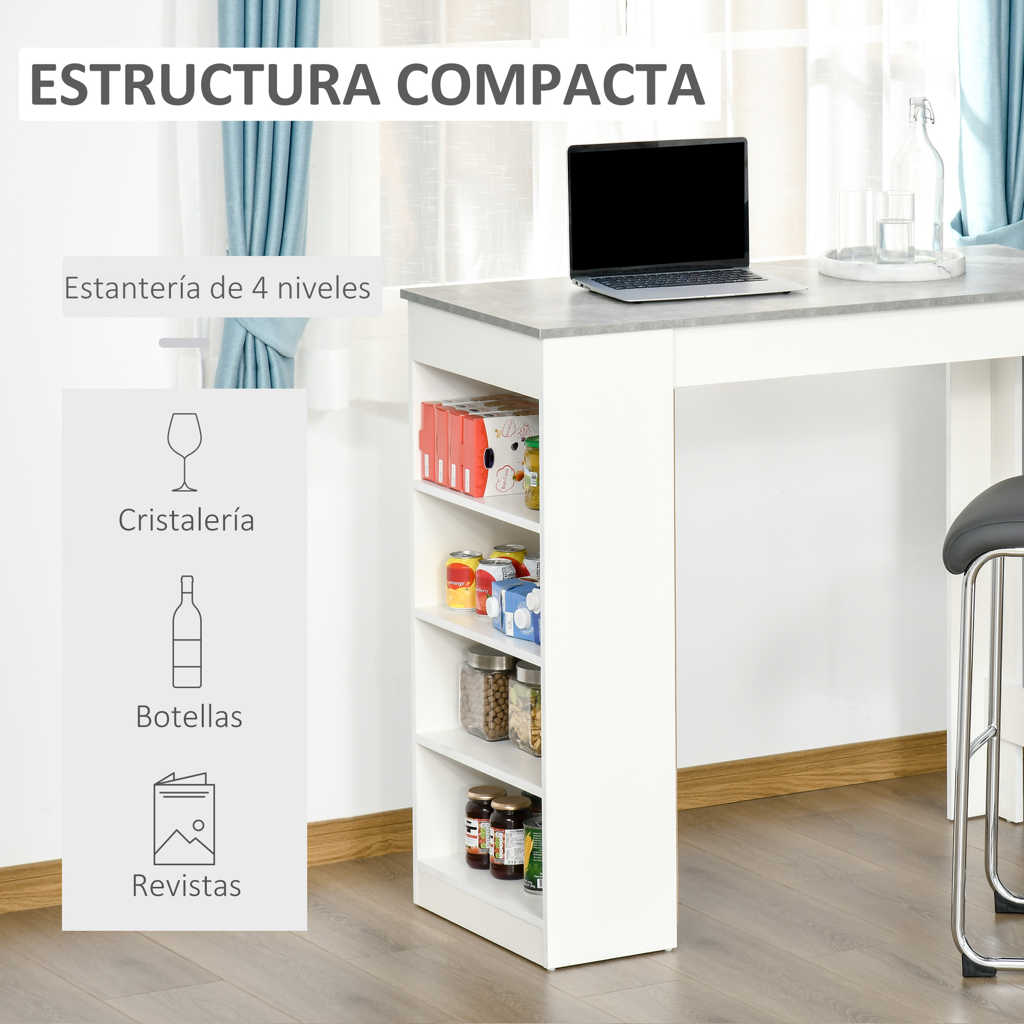HOMCOM Mesa de Bar Mesa Alta Tipo Bistró de Cocina con Estantería de 4 Niveles Estilo Moderno de Melamina para Comedor Salón 115x50x102,7 cm Blanco y Gris