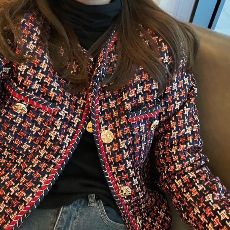 Elegant Weave Plaid Vrouwen Blazer Pocket Plus Fluwelen Winter Causale Tweed Jas Kantoor Dames Jasje