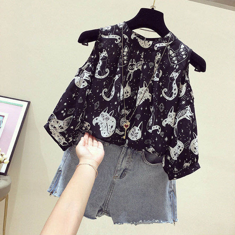 Towerke แฟชั่นแมวพิมพ์ฤดูร้อนใหม่ Slim เสื้อชีฟองเสื้อผู้หญิงเสื้อลำลองสีขาวสีดำ Blusas Mujer Streetwear