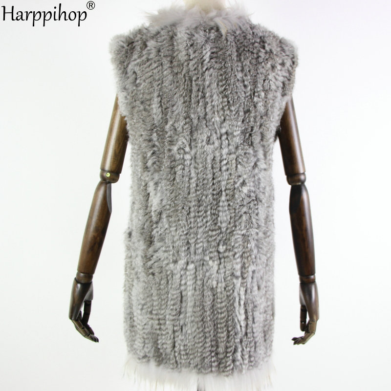 女性用ウサギ毛皮ベスト,長さ80cmのニットベスト,アライグマの毛皮の襟,ポケット装飾
