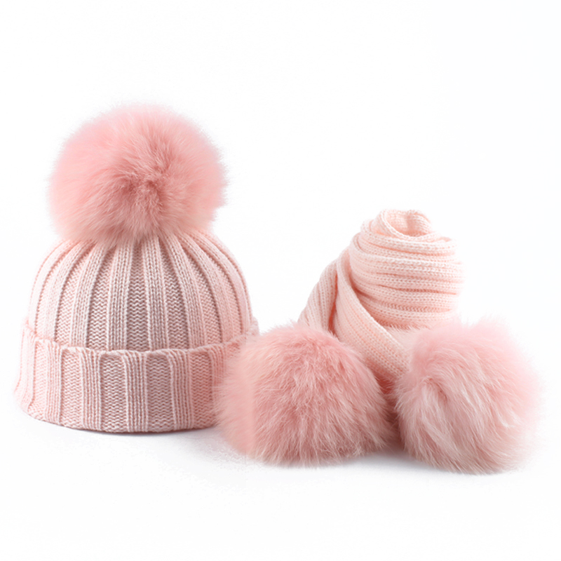Baby Wintermuts En Sjaal Voor Meisjes Jongens Kinderen Echt Vossenbont Pompom Breien Beanie Hoeden Kinderen 3-delige Pom Pom Hoed