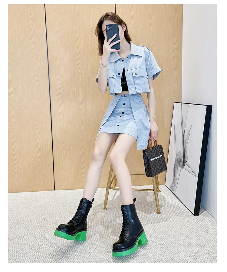 Sepatu Bot Setengah Betis Mode Wanita Musim Gugur Musim Dingin Mode Berenda Ritsleting Sepatu Bot Mujer Platform Olahraga Sepatu Bot Tempur untuk Wanita