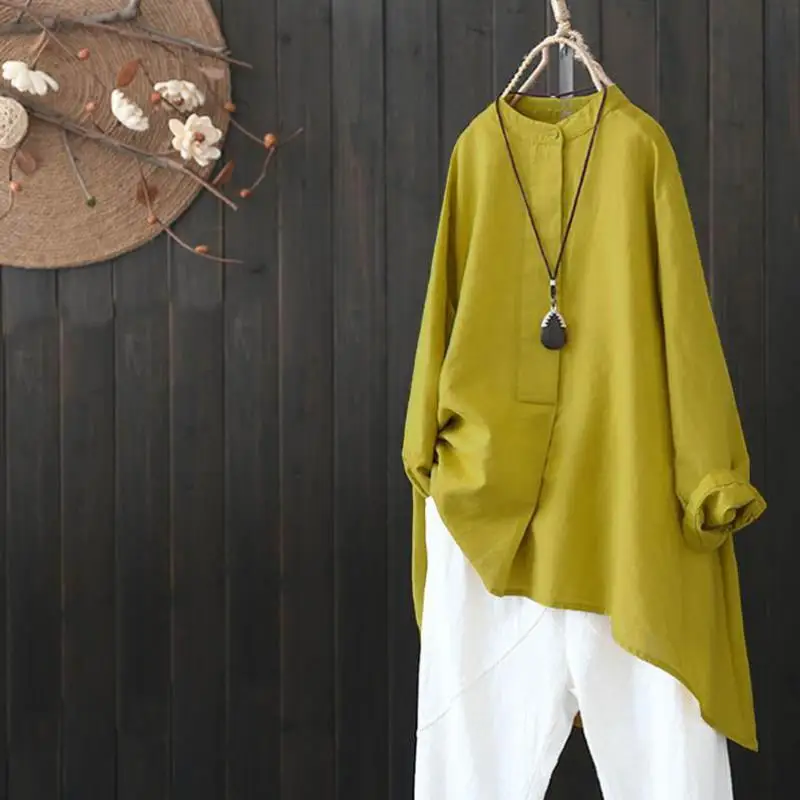 Blusas y Tops de manga larga para mujer, camisa informal de lino y algodón de Color sólido, dobladillo Irregular, cómoda, talla grande