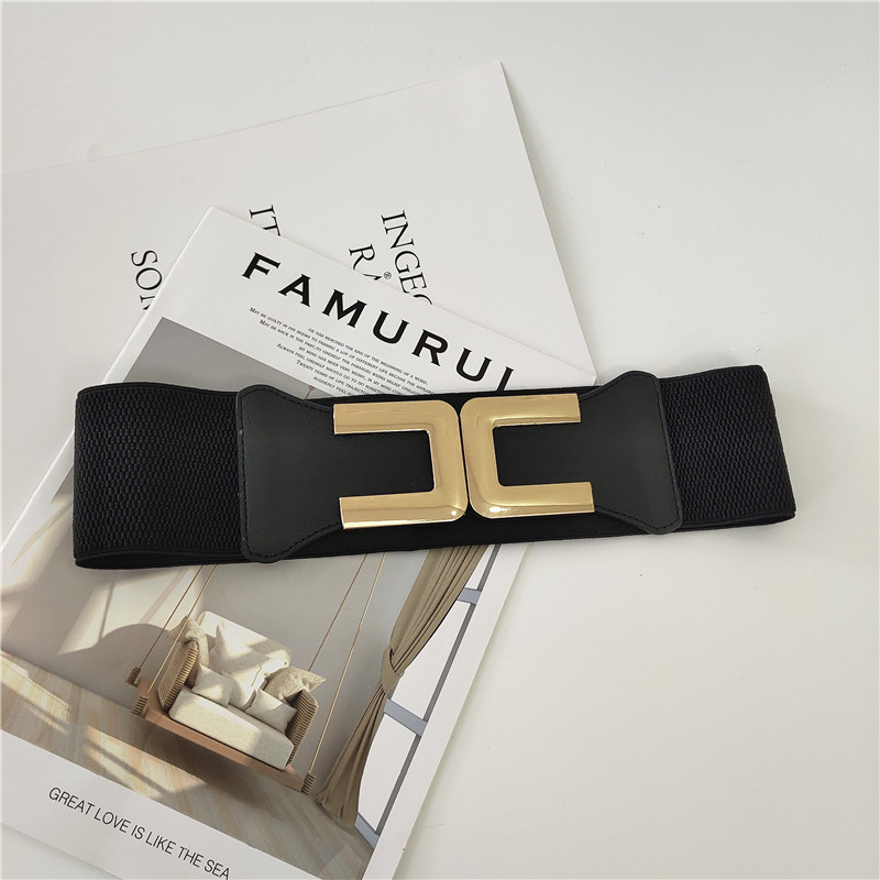 Cinturones con hebilla de gancho dorado para mujer, faja decorativa femenina con falda, cinturón ancho elástico Retro, faja elástica para mujer