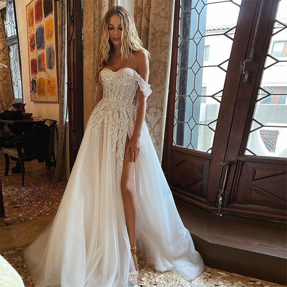 Sevintage Boho ชุดแต่งงานคริสตัลประดับด้วยลูกปัดปิดไหล่ลูกไม้ Appliques A-Line ชุดแต่งงาน Sweetheart ชุดเจ้าสาว