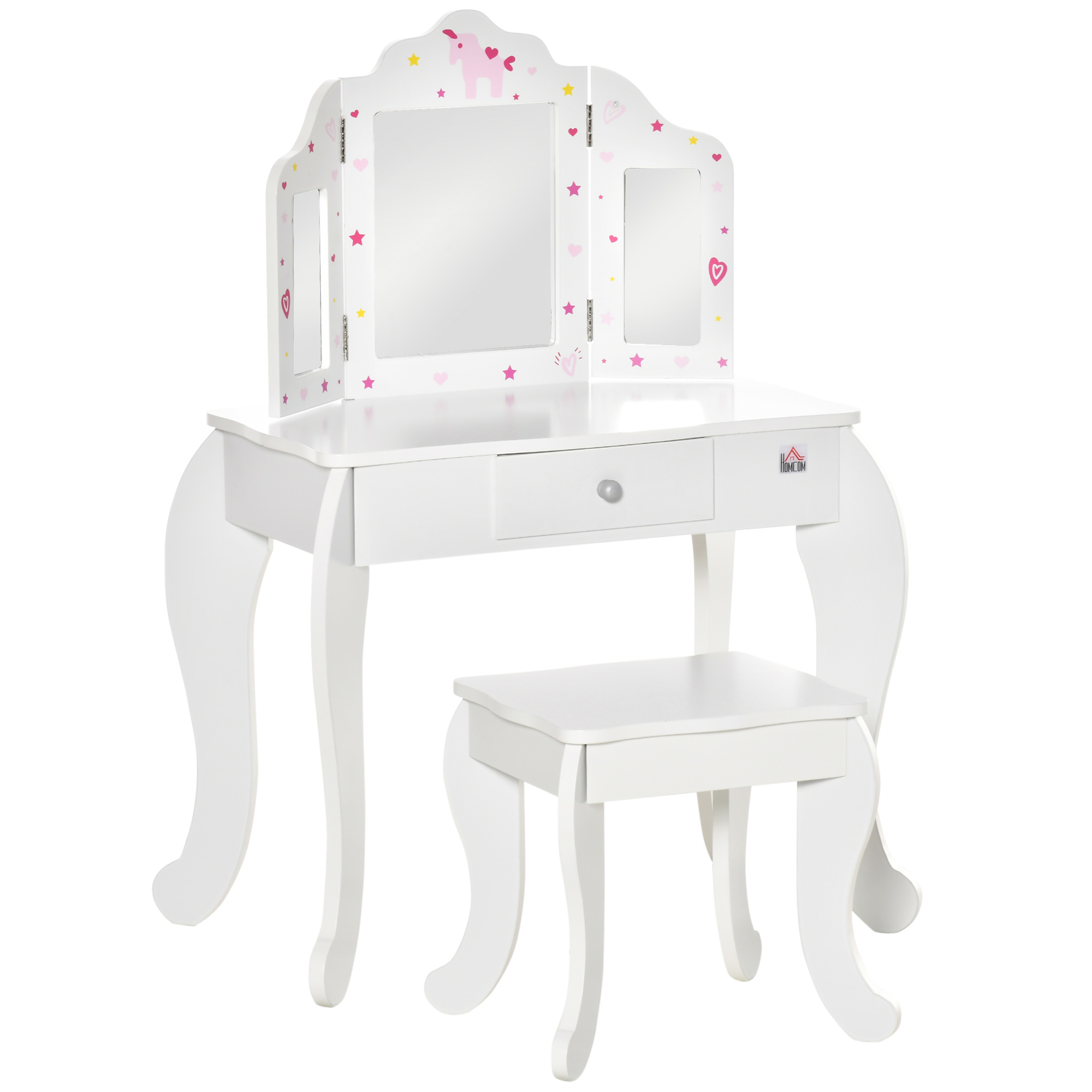 HOMCOM Tocador Infantil de Madera con Taburete y Espejo Acrílico de 3 Sectores Mesa de Maquillaje para Niñas con Cajón para Habitación del Niño 63x40x85,5 cm Rosa