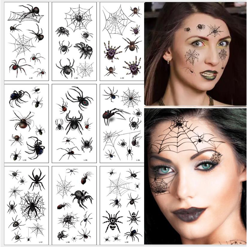 Maquillaje facial para Halloween, máscara de araña y cicatriz de Terror, diseño falso temporal, pegatina de tatuaje impermeable, 10 hojas por paquete, nuevo