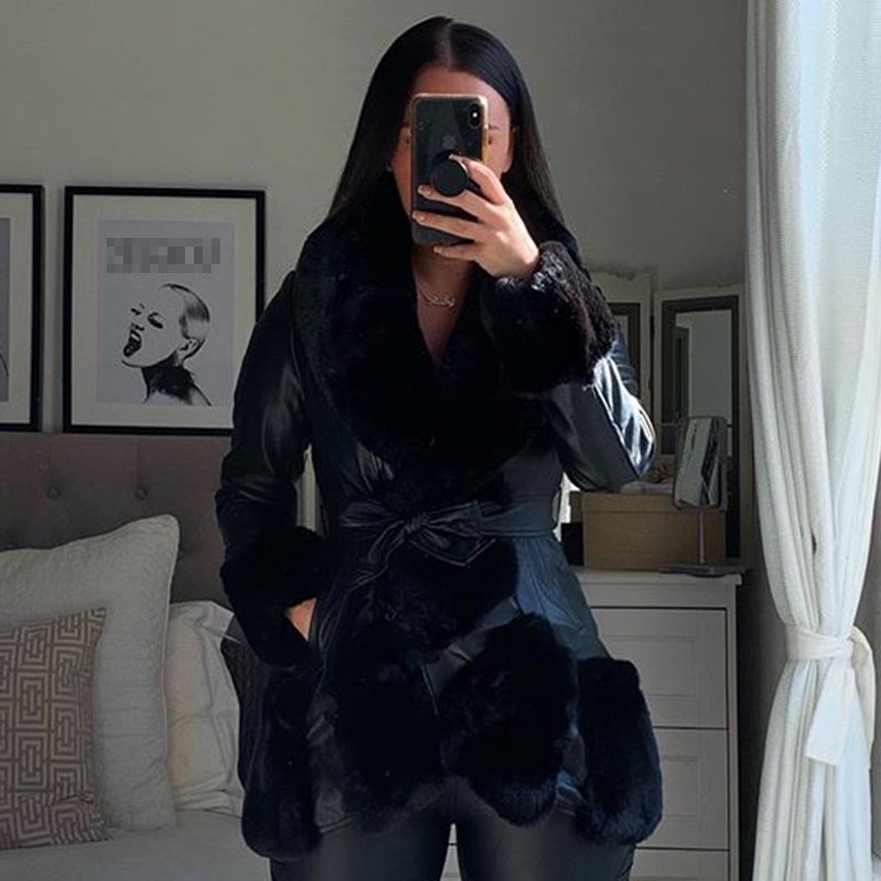 Jaket Kerah Bulu Rubah Palsu Musim Gugur Musim Dingin Mode Trendi Mantel Solid Elegan Wanita Sabuk Dasi Jaket Ramping Wanita