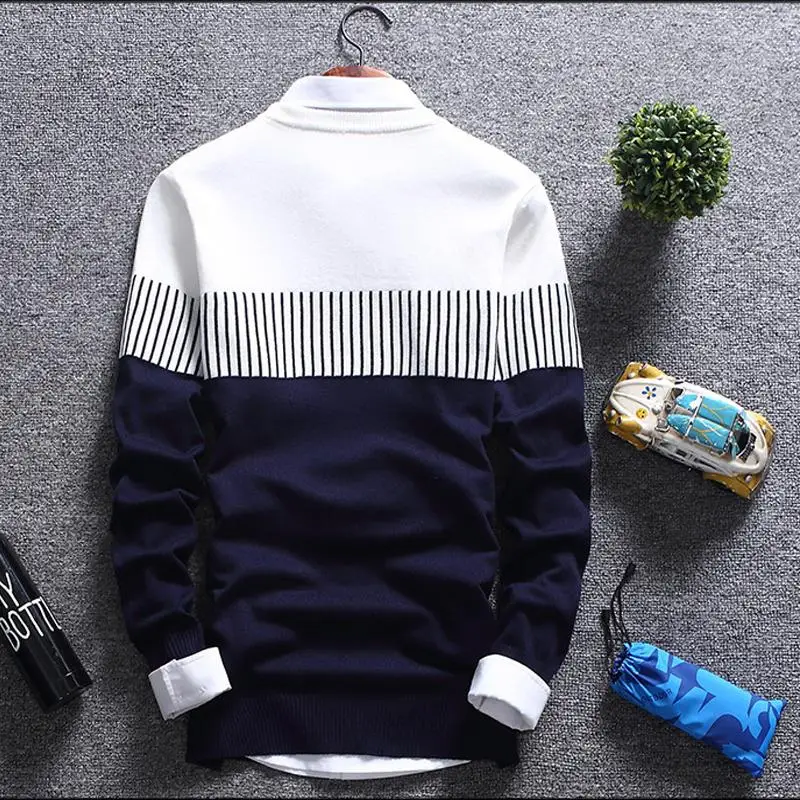 เสื้อสวมหัวสำหรับฤดูใบไม้ร่วงใหม่เสื้อสเวตเตอร์ถักแบบลำลองลายทางผู้ชายแฟชั่นเสื้อถักคอกลมทรงสลิมฟิต2023