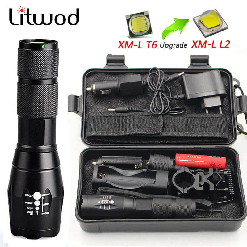 Litwod-linterna LED recargable XML T6, linterna potente con 5 modos de zoom, 5000 LM, batería 18650, para acampar al aire libre
