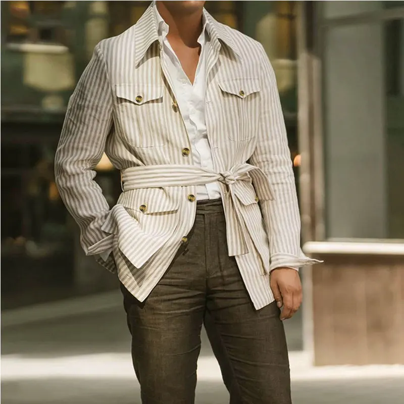 Abbigliamento primaverile Camicia da uomo leggera di lusso a maniche lunghe a righe con tasca Camicia casual streetwear abbottonata con cintura S-5XL 2025 Nuovo