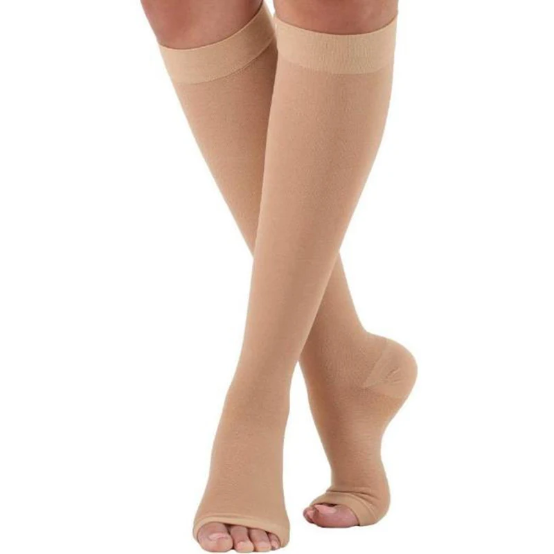 Calcetines de compresión S-XXL, calcetines de compresión para venas varicosas, calcetines para montar en pantorrillas, calcetines elásticos con punta abierta hasta la rodilla