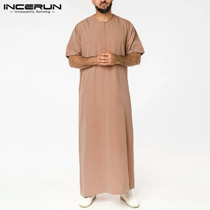 Incerun 2024 masculino muçulmano jubba thobe cor sólida vintage gola manga longa roupões abaya casual masculino árabe islâmico kaftan
