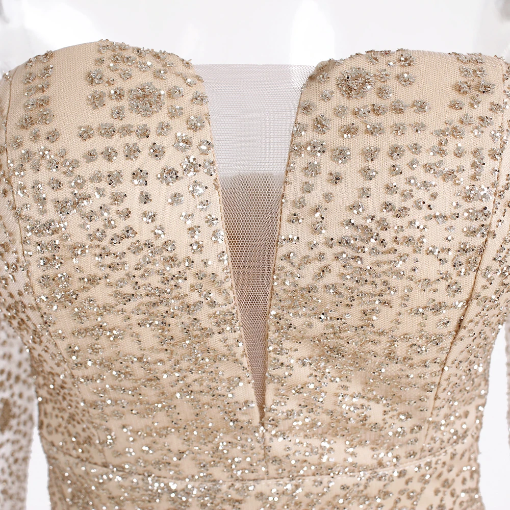 Boden Länge Hülse Promi Kleid Aushöhlen Weg Von Der Schulter Abendkleid Split Bein Gold Glitzerten Boot-ausschnitt Maxi Kleider