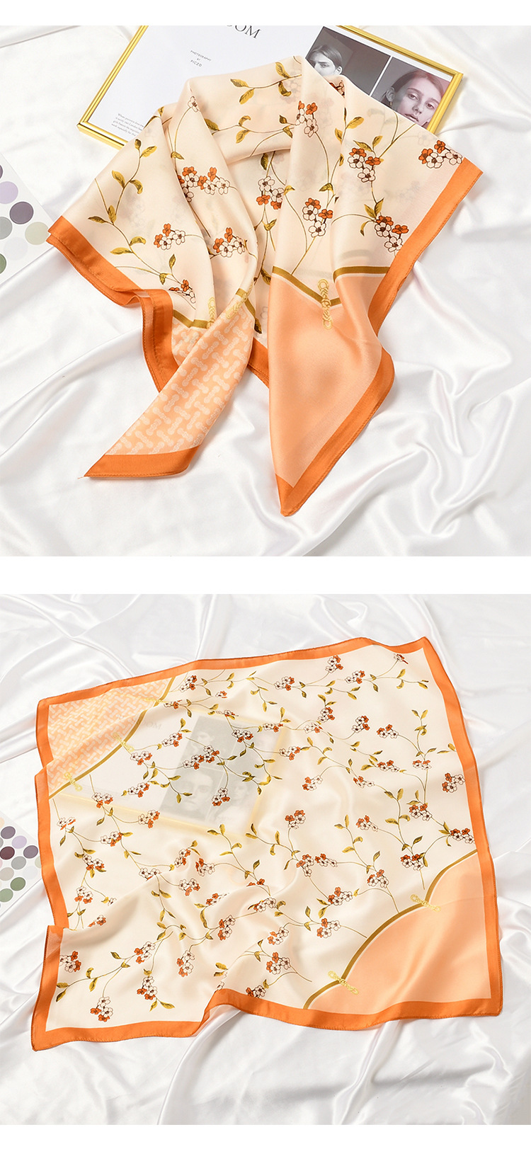 여성용 달콤한 꽃 꽃 프린트 사각 스카프, 여성용 반다나 헤어밴드, 레이디 헤드 랩, 여성 숄, 패션 네커치프, 70x70cm