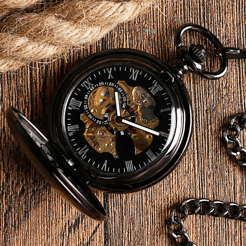 Đánh Bóng Mịn Bạc/Đen/Đồng Tự Cuốn Cơ Đồng Hồ Bỏ Túi Vòng Tròn Rỗng Bao Retro Tự Động Mặt Dây Chuyền Đồng Hồ