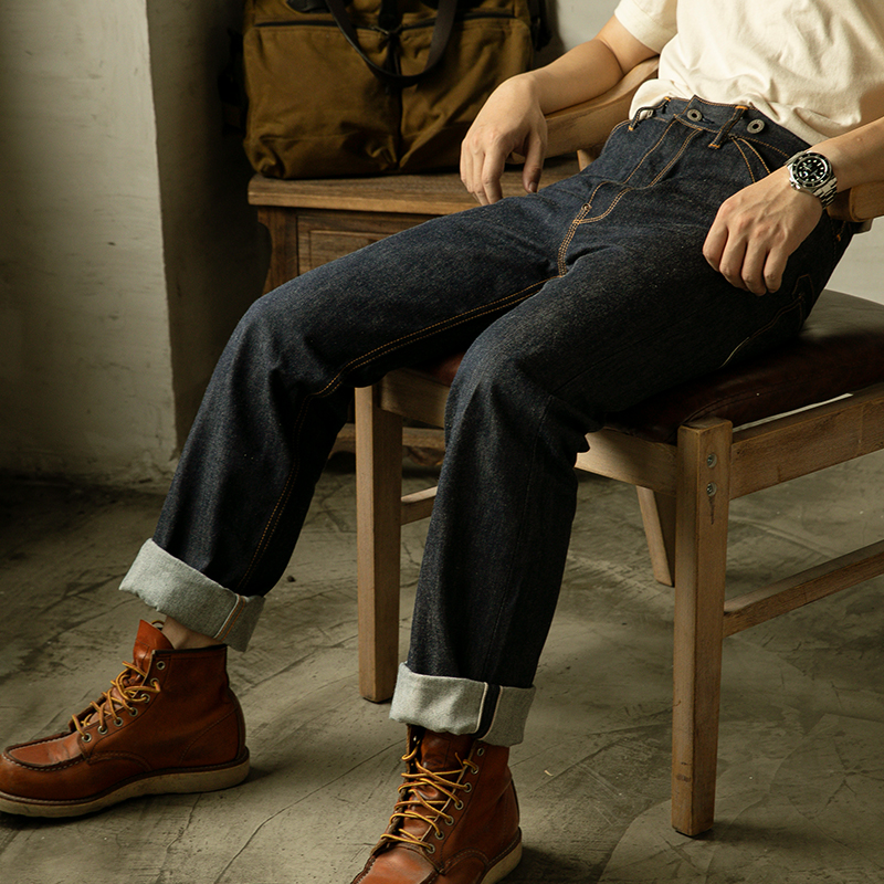 RS-0002B Beschreibung lesen! Red Tornado High Waist Raw Indigo Selvage Unwashed Denim Pants Unsanforized Jean 14oz