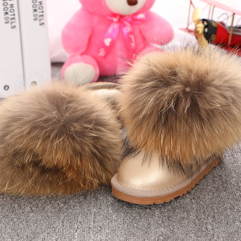 Crianças de couro genuíno sapatos personalizados botas de neve natural grande pele de raposa inverno frio meninos meninas botas quentes do bebê