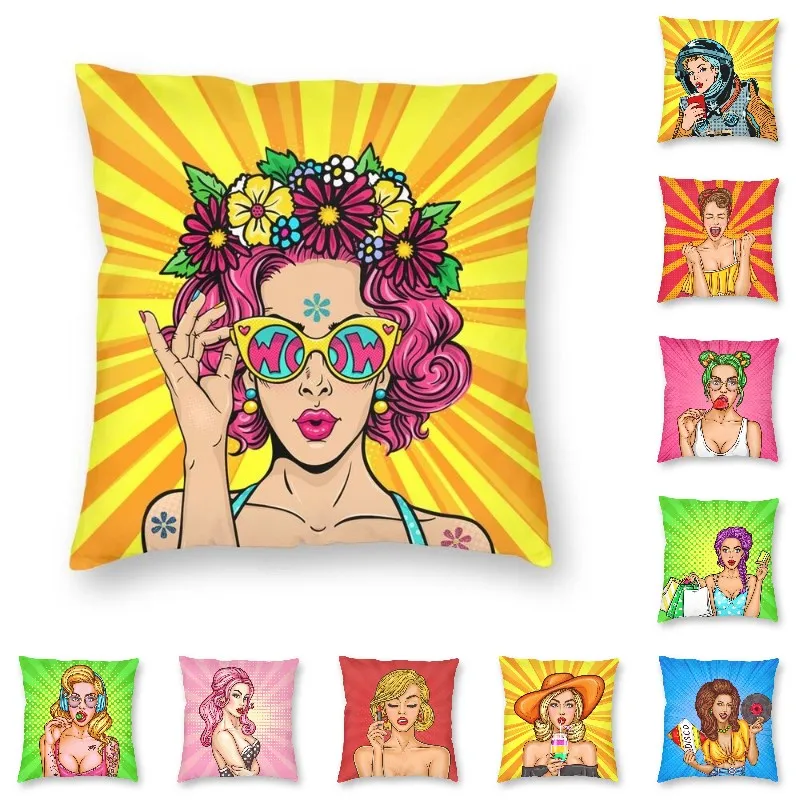 Sarung Bantal Sofa Lempar Perempuan Kartun Mode Penutup Bantal Seni Pop Ciuman Wanita Seksi Mode untuk Ruang Tamu Sarung Bantal Sofa Dekorasi Rumah