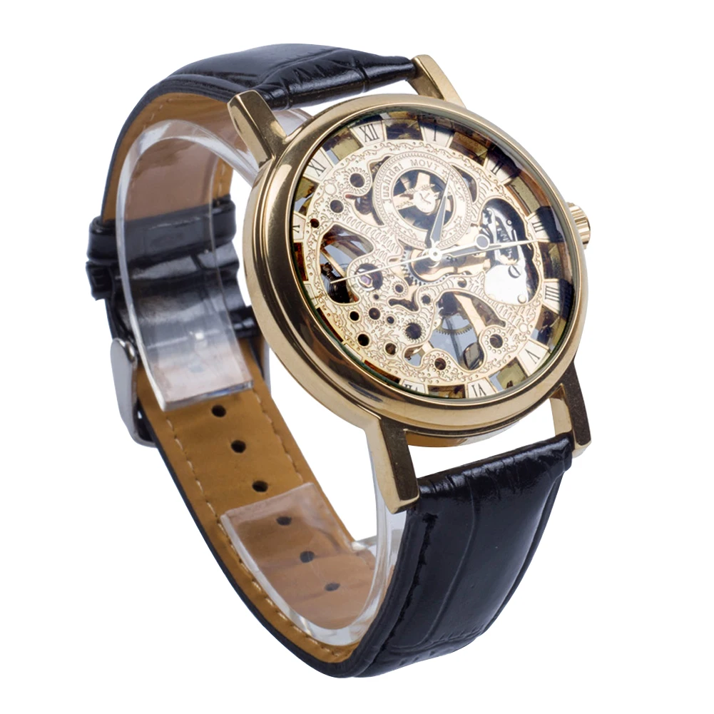 ขายร้อนผู้ชายแฟชั่น Luxury Hollow Skeleton Round Dial สายหนัง Faux นาฬิกาข้อมือนาฬิกาแฟชั่นผู้ชายกีฬานาฬิกานาฬิกาข้อมือเย็น