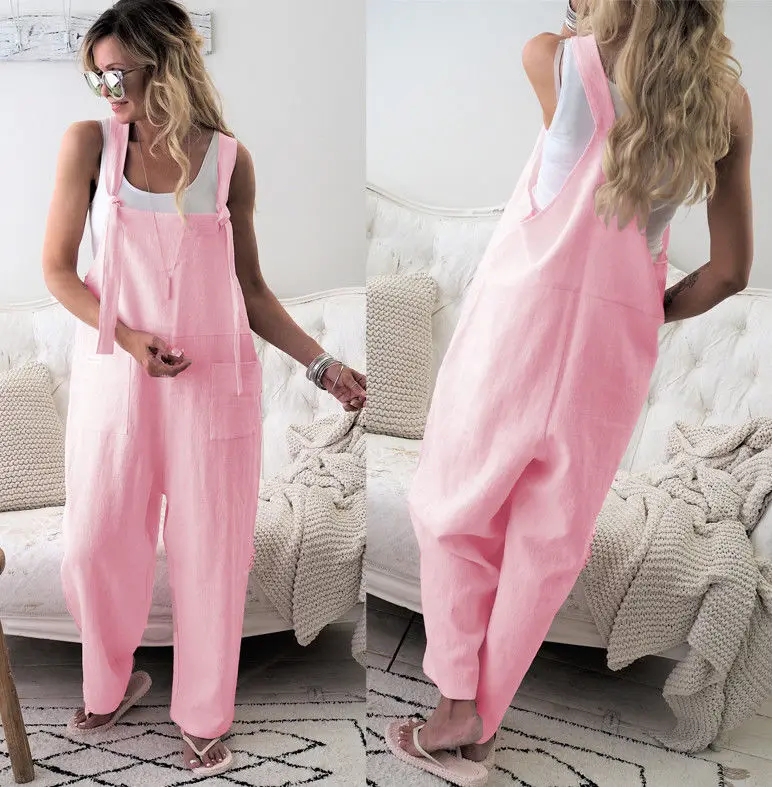 Nuevo Mono informal holgado con tirantes de pierna ancha para mujer, pelele con bolsillos lisos de lino y algodón, monos para mujer, monos de talla grande