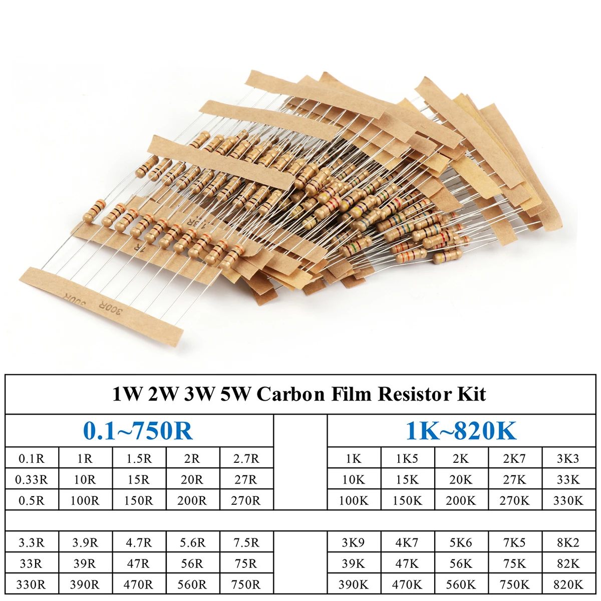 1W 2W 3W 5W Kit surtido de resistencias de película de carbono Kit de resistencias ohm resistencia de anillo de Color 0,1 ~ 750R 1K ~ 820K