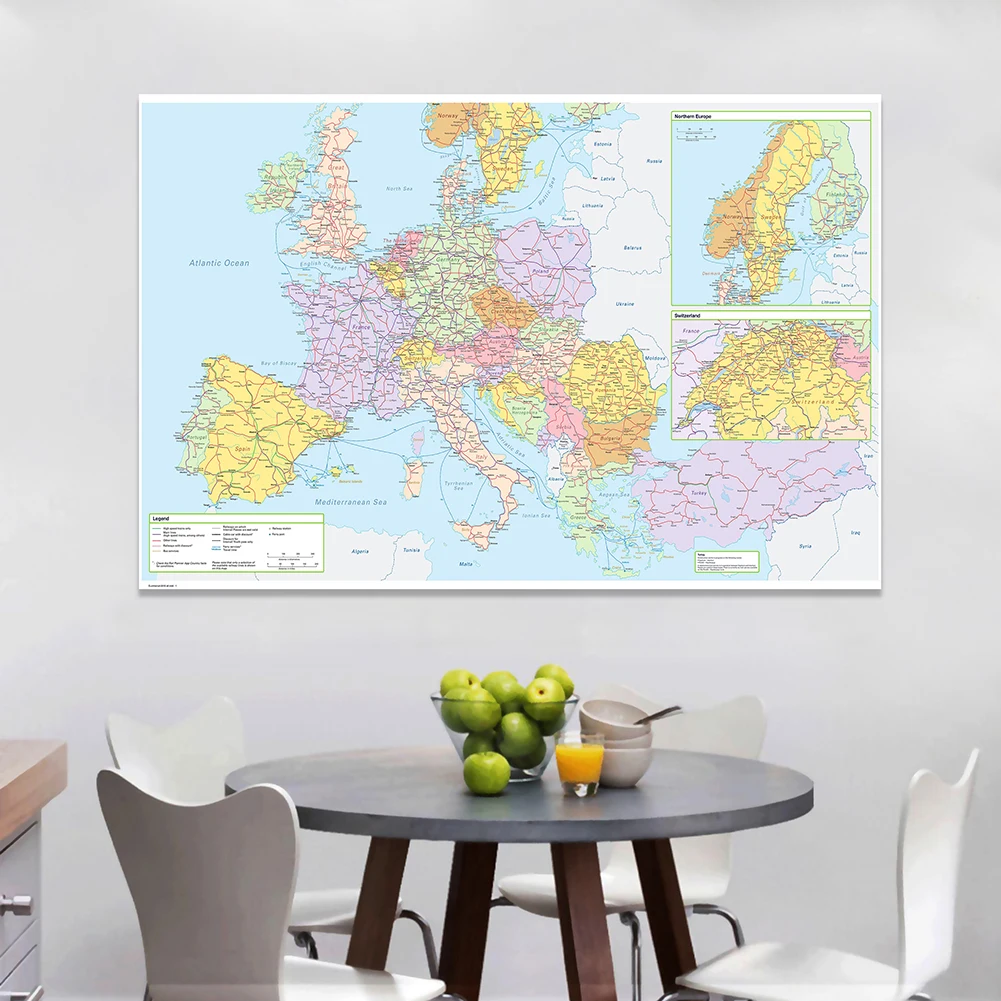 225*150Cm Trong Châu Âu Bản Đồ Chính Trị Tuyến Giao Thông Bản Đồ Lớn Poster Không Dệt Tranh Canvas Đồ Dùng Học Tập trang Trí Nhà Cửa