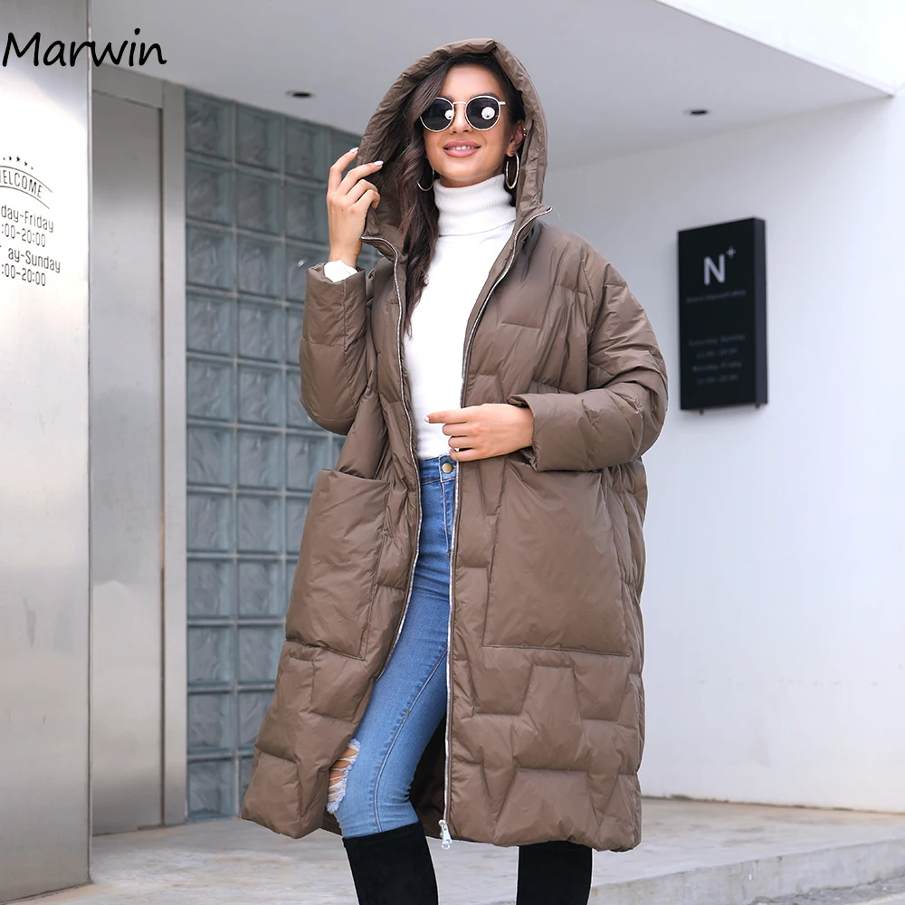 Marwin 2022ผู้หญิง90% สีขาวเป็ดเสื้อขนเป็ด Light เป็ดหนาแจ็คเก็ตเอวสูงสบายๆยาวเสื้อคลุมขนเป็ด