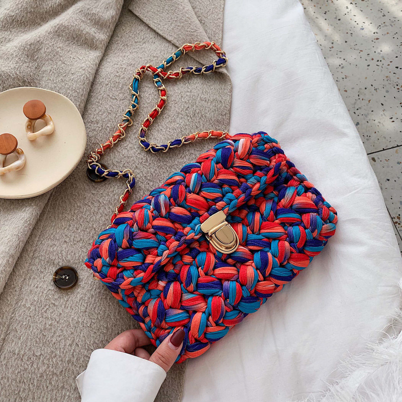 หลายสีขนสัตว์ผ้าฝ้ายทอด้ายสีโครเชต์กระเป๋าสะพายStraddleกระเป๋าสายคล้องไหล่กระเป๋า