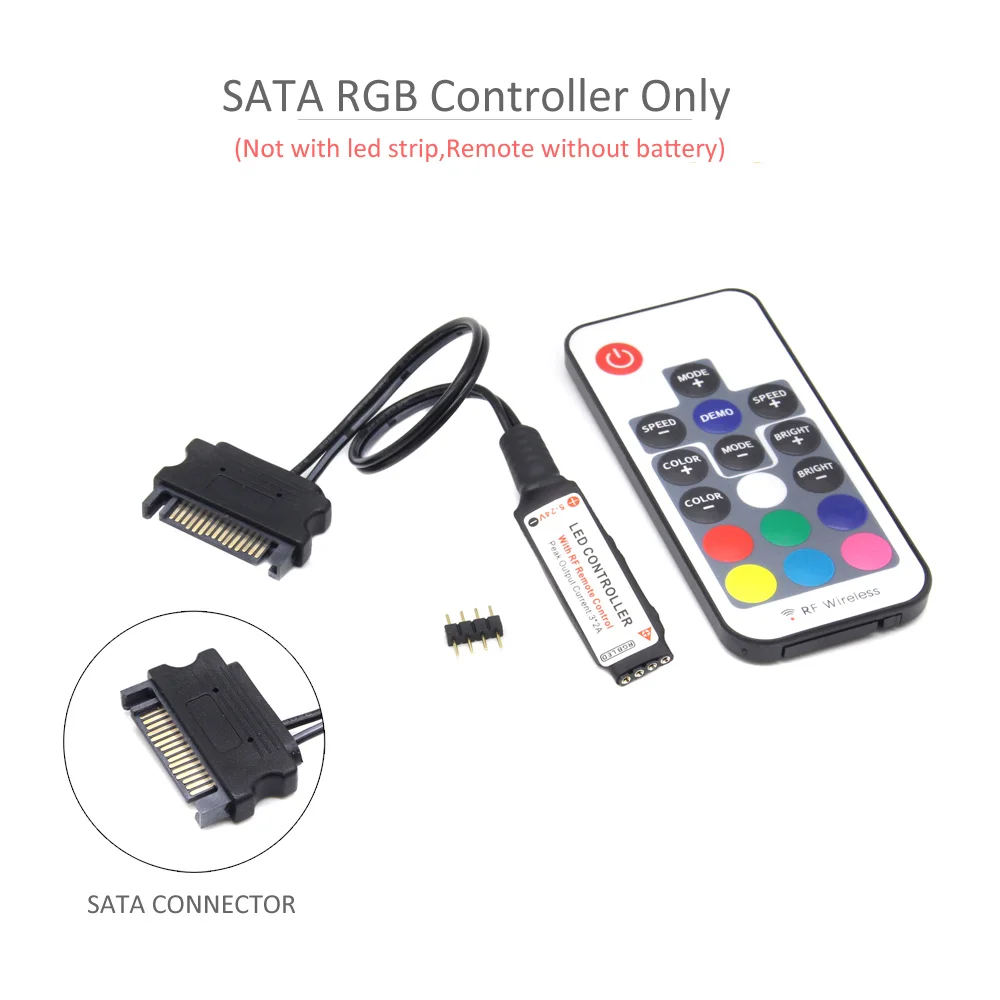 MJJC SATA RGB-LED-Controller, 12 V DC 5050, RF17-Tasten, Fernbedienung, kabellos, großer 4-poliger Controller für PC-Lüfter, Computergehäuse, Streifenbeleuchtung