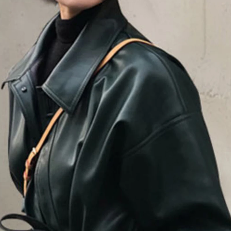 Lautaro-女性用ベルト付きロングブラックレザーPuコート,シンプルなボタンダウン,韓国のファッション,卸売り,服2022