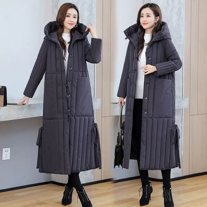 Chaqueta holgada coreana para mujer, Abrigo largo de algodón con capucha, Parkas gruesas, abrigo cálido holgado a prueba de viento para mujer 2024